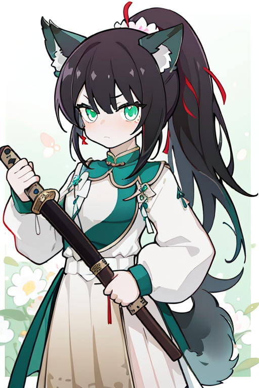 00631-1282768993-xialuling,1girl,animal ears,weapon,solo,sword,tail,unsheathing,sheath,long hair,green eyes,ponytail,shaded face,looking at viewe.png